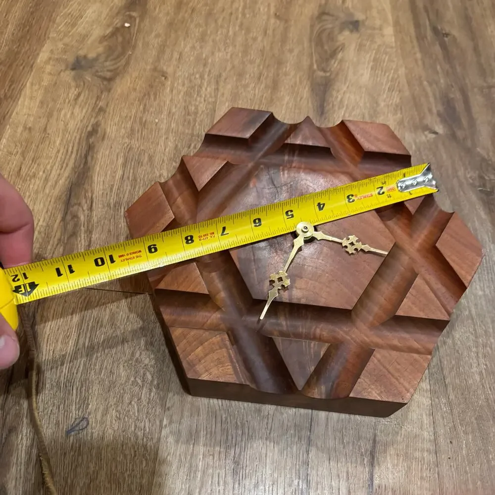 Vintage Handmade Black Walnut Carved Wall Clock Star of David? Hexagon HEAVY